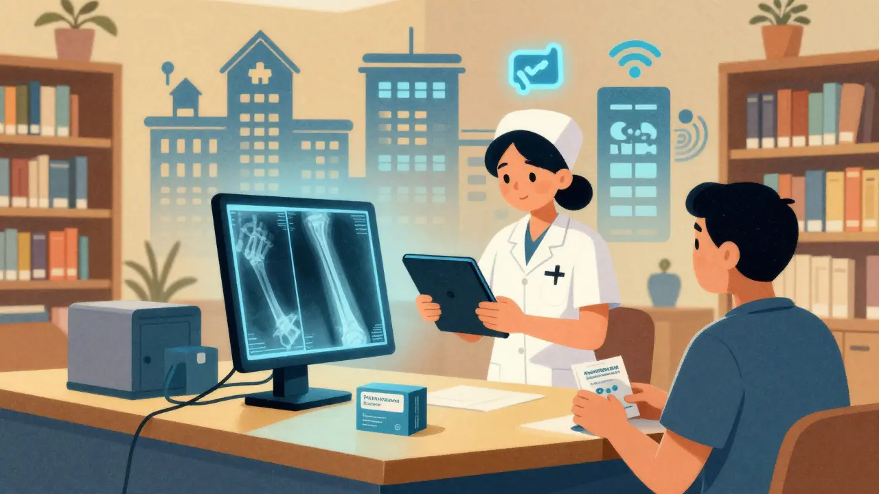 Nurse reviews fracture X-ray in community hub as patient receives home-delivered meds, library setting with warm lighting.
