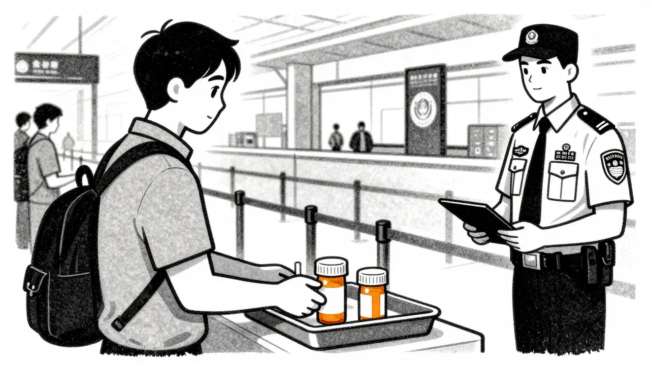 Passenger presenting original prescription bottles at airport security checkpoint