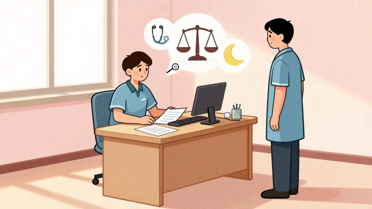 Patient consulting doctor with health symbols floating nearby.