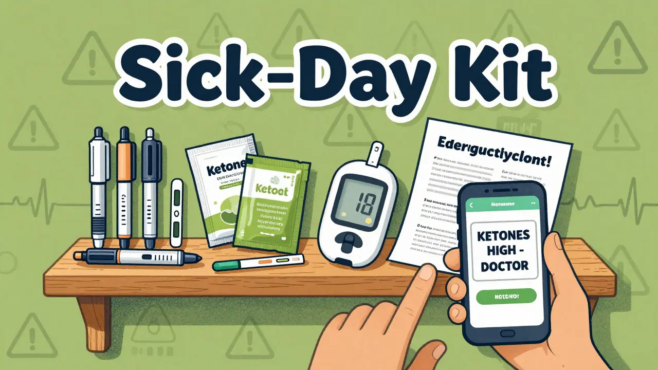 Sick-day kit on shelf with insulin, ketone strips, and phone alert, illustrated in risograph style.