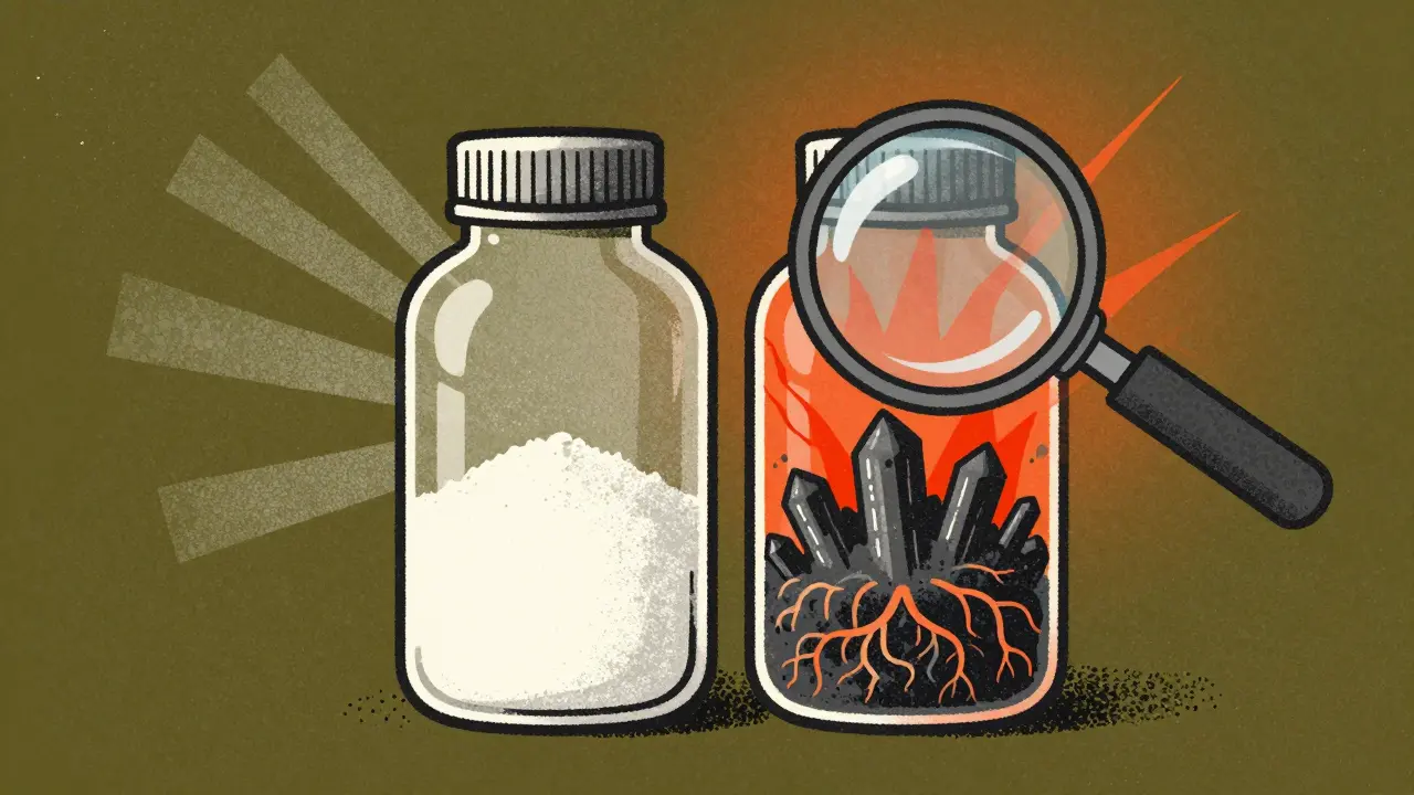 Simple supplement bottle versus complex herbal blend bottle illustration.