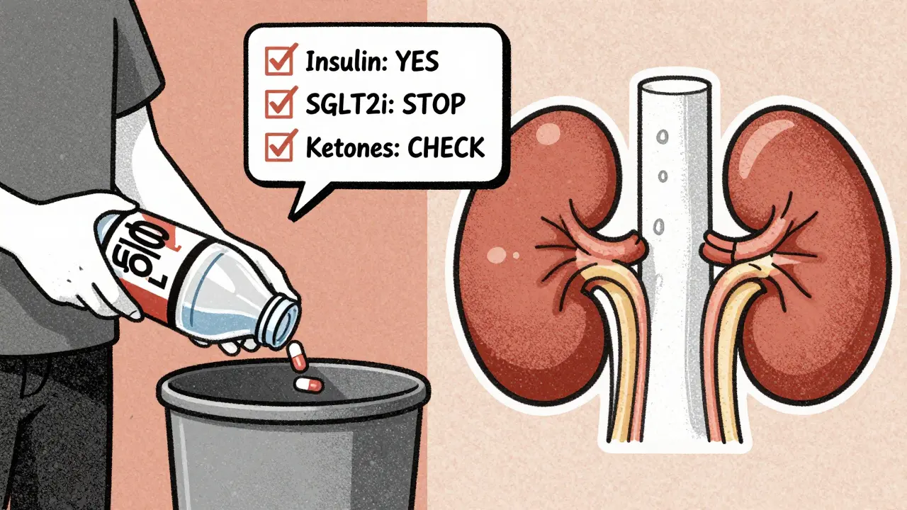 Split scene: person hydrating while stopping ACE inhibitors, with kidney filter diagram and checklist above.