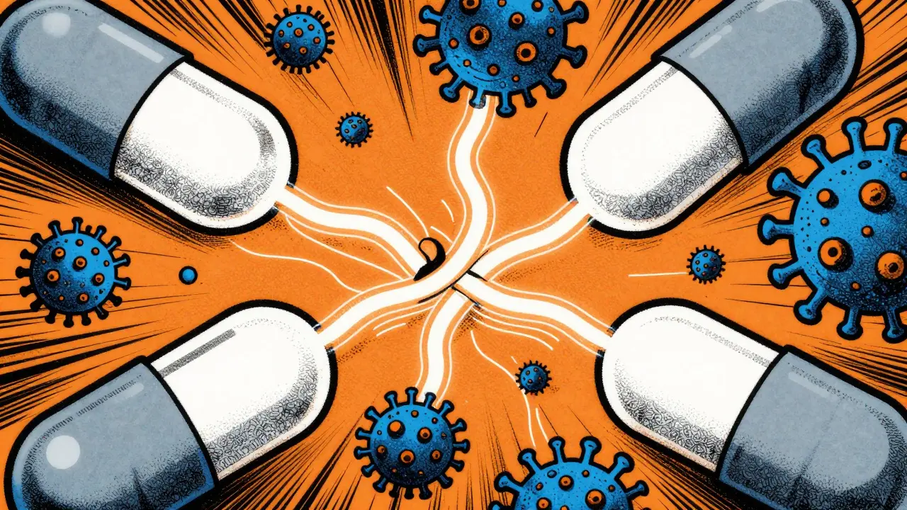Stylized illustration of medication pills interacting with virus particles and enzymes.