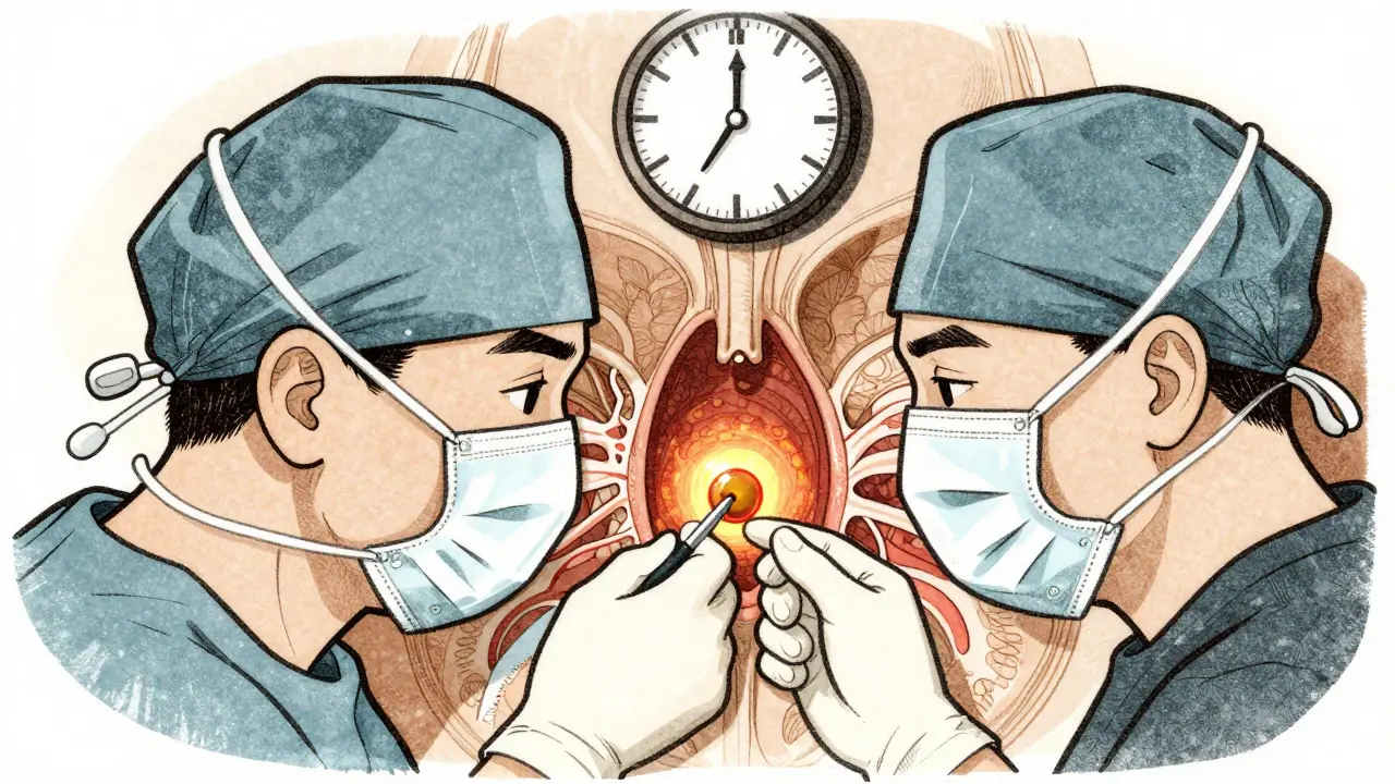 Surgeon removing a tiny pituitary tumor through the nose during minimally invasive surgery.