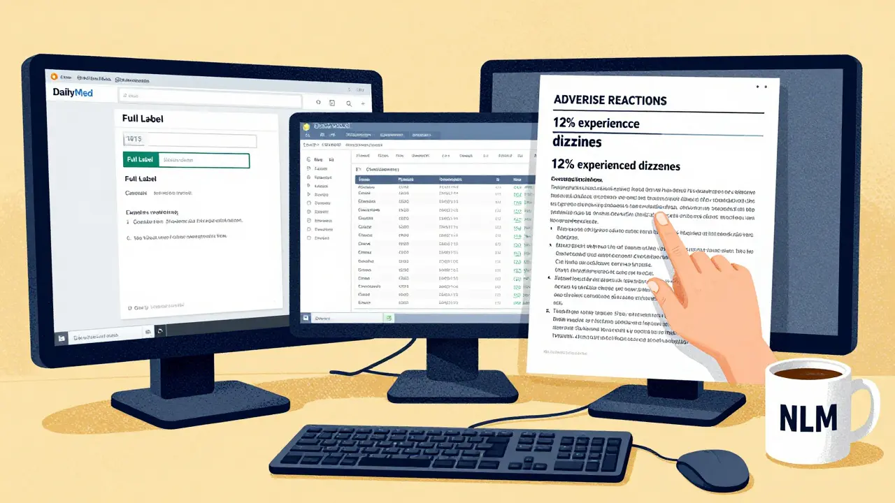 Three computer screens showing DailyMed, FDALabel, and a drug label PDF, with a hand pointing to a specific side effect percentage.