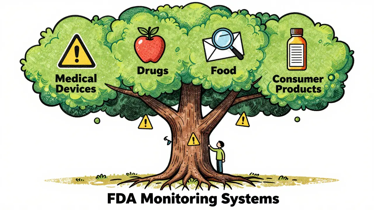 Tree with branches labeled FDA product categories, bearing alert-shaped fruit and monitoring symbols.