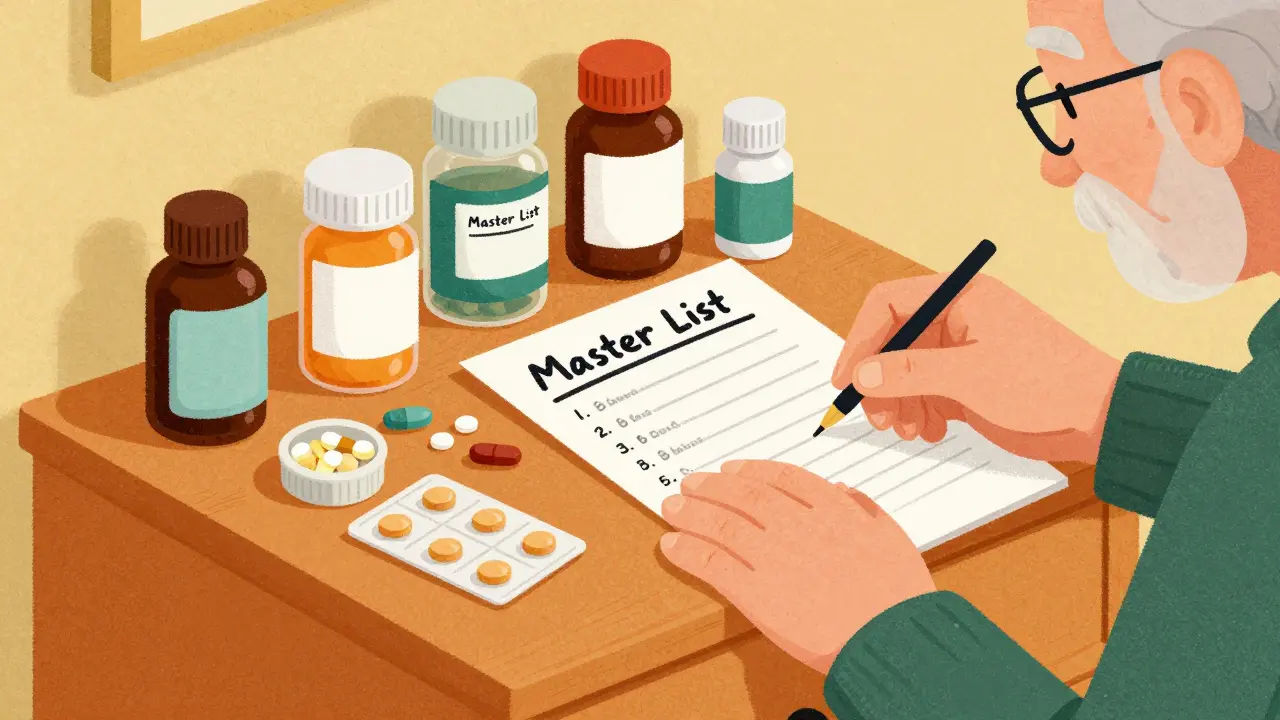 A collection of medication bottles and a health list on a nightstand.