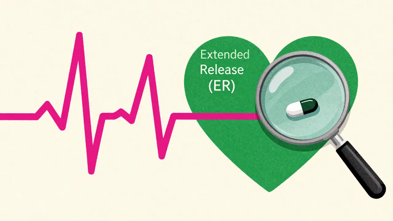 A heart rhythm ECG line and a pill under a magnifying glass in risograph style