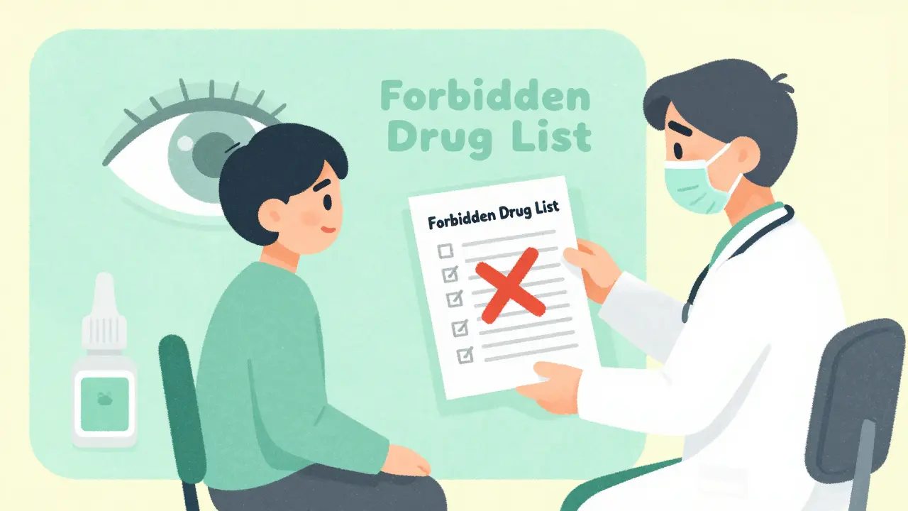 A patient and doctor reviewing a list of forbidden medications for safety.