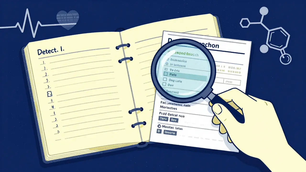 A symptom diary and a lab report being analyzed with a magnifying glass.