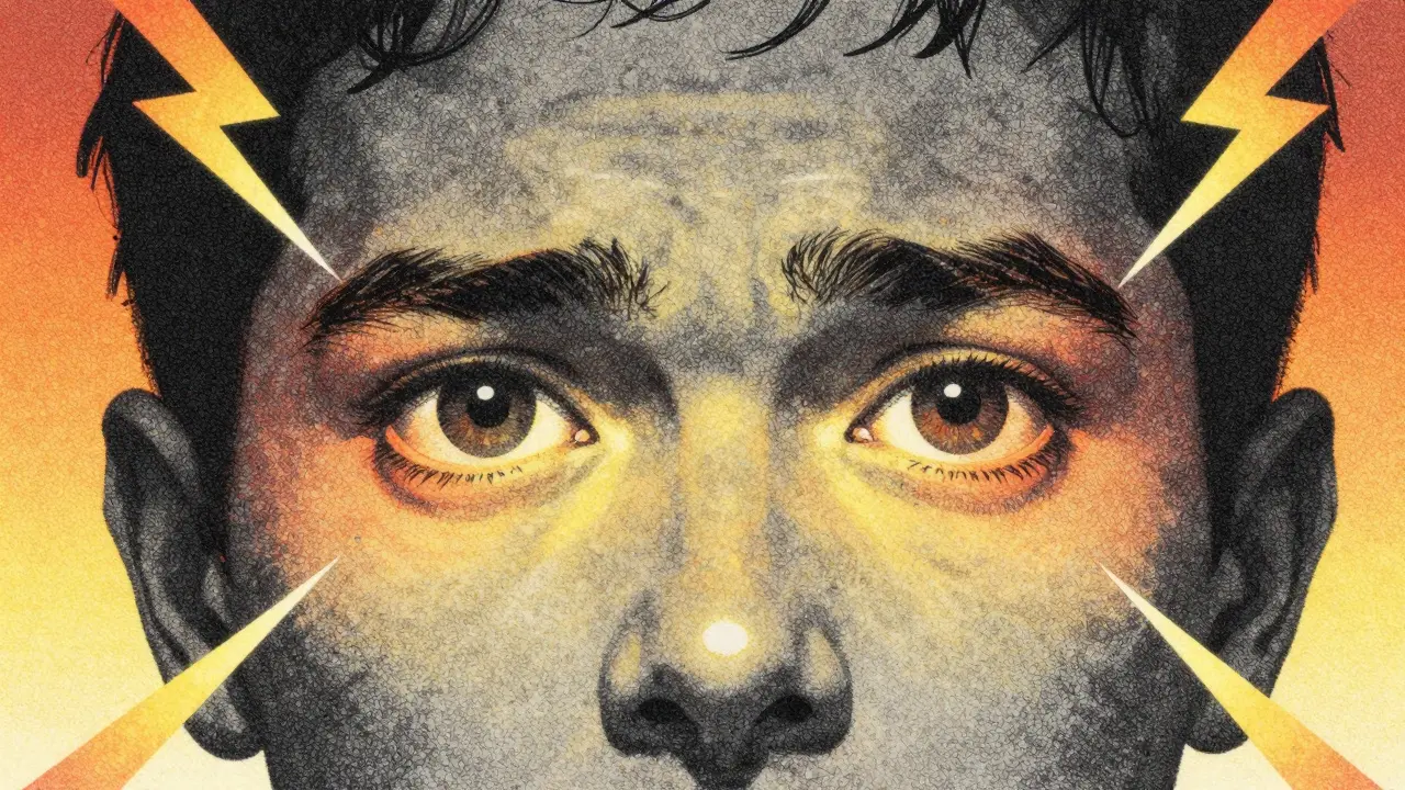 Close up of eyes showing gray vision blur indicating neurological symptom onset