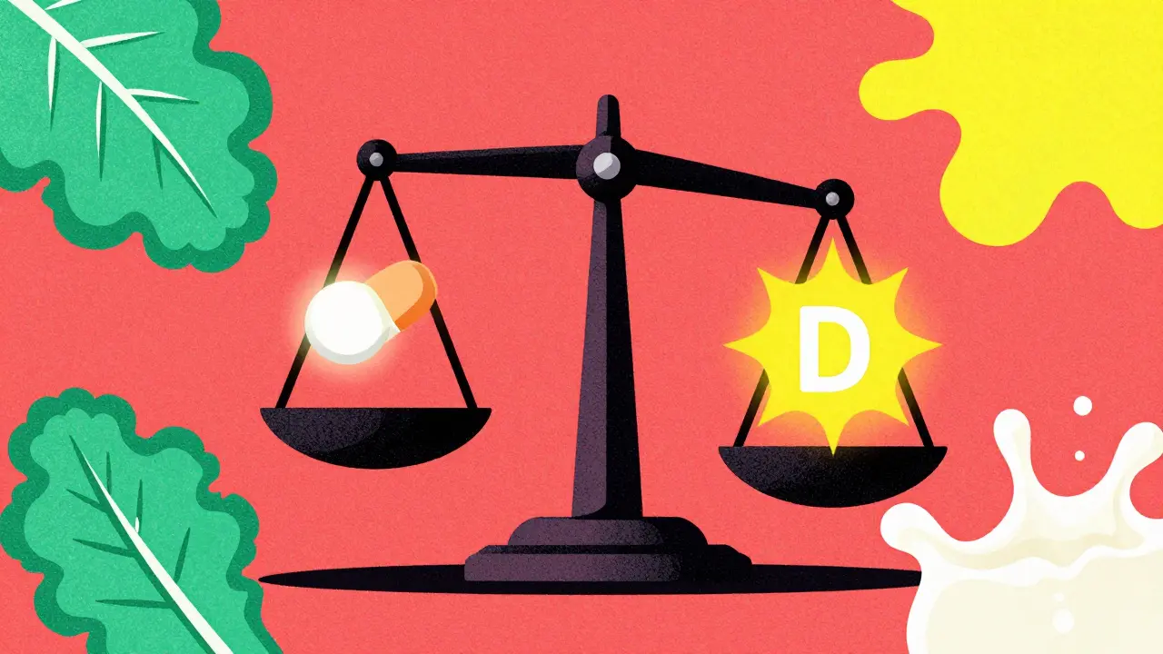 Conceptual balance scale with a calcium tablet and a sun symbol for active vitamin D.