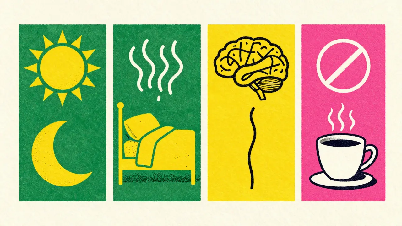 Conceptual collage of sleep pillars: consistency, environment, mind, and diet.