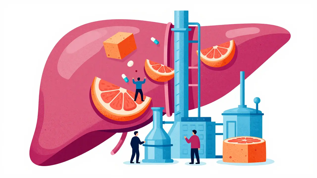 Conceptual illustration of a liver factory with grapefruit blocking enzymes.