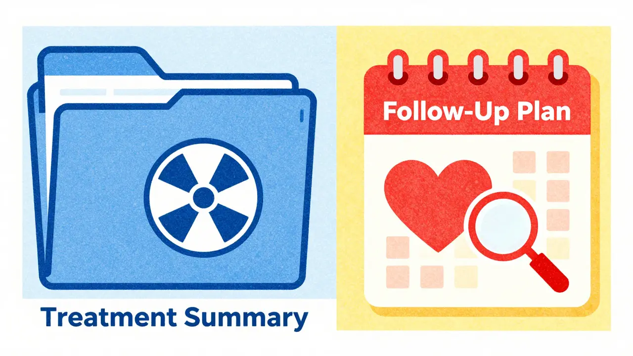 Conceptual split image of a medical treatment summary and a future follow-up calendar.