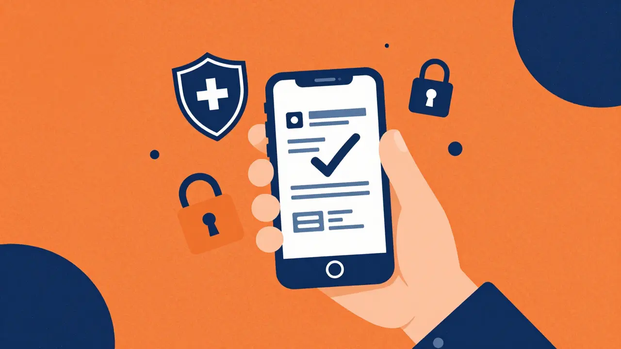 Hand holding a phone with a verified prescription and security symbols in risograph style