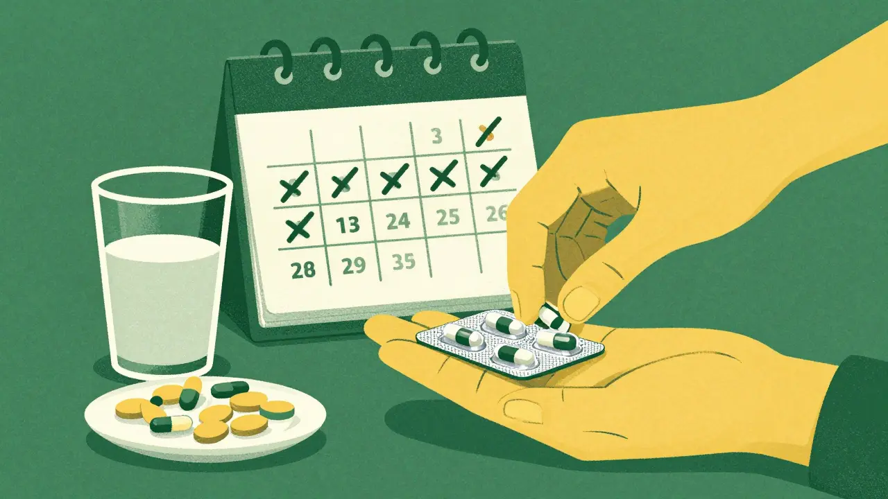 Hand holding the last antibiotic pill from a pack with a calendar in risograph style