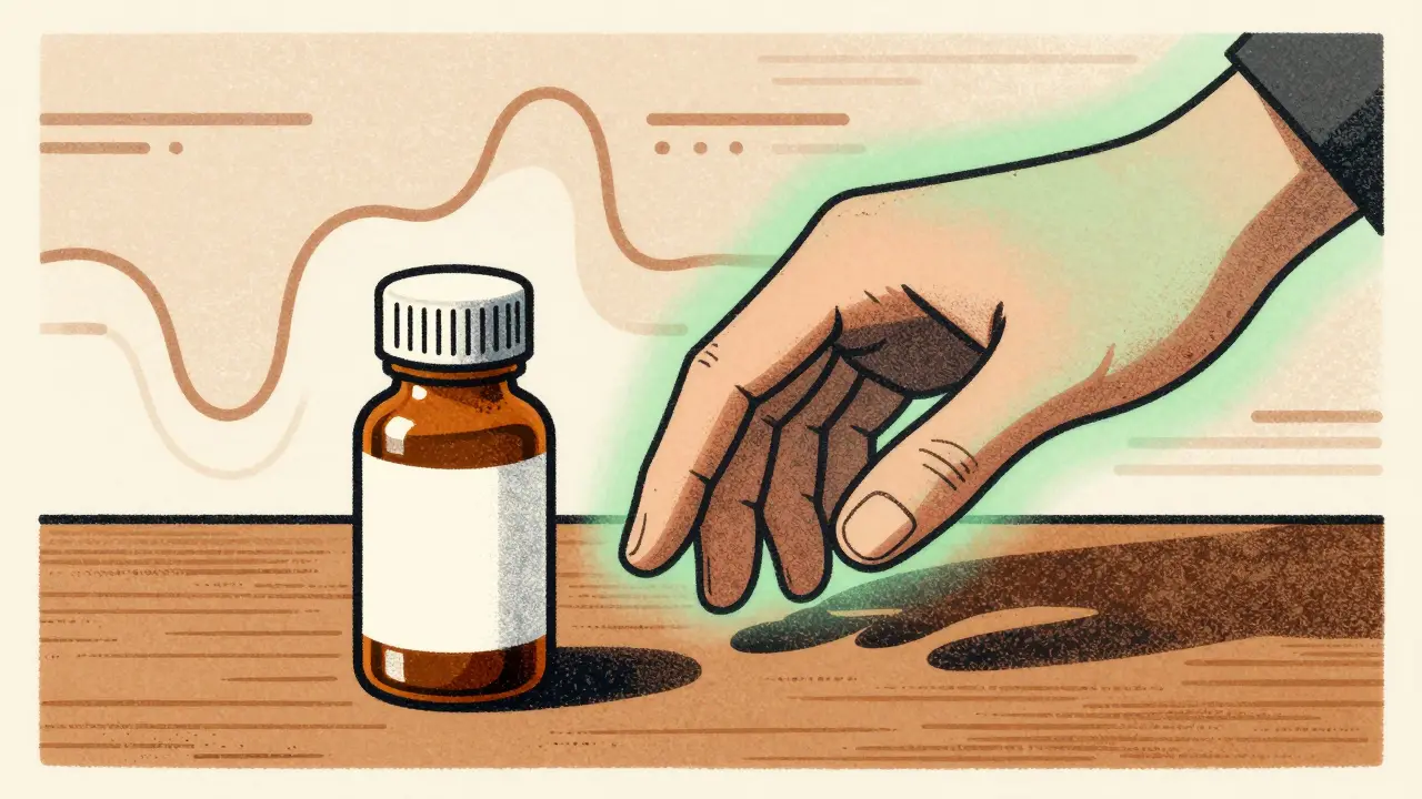 Hand setting down medicine bottle symbolizing stopping treatment for recovery