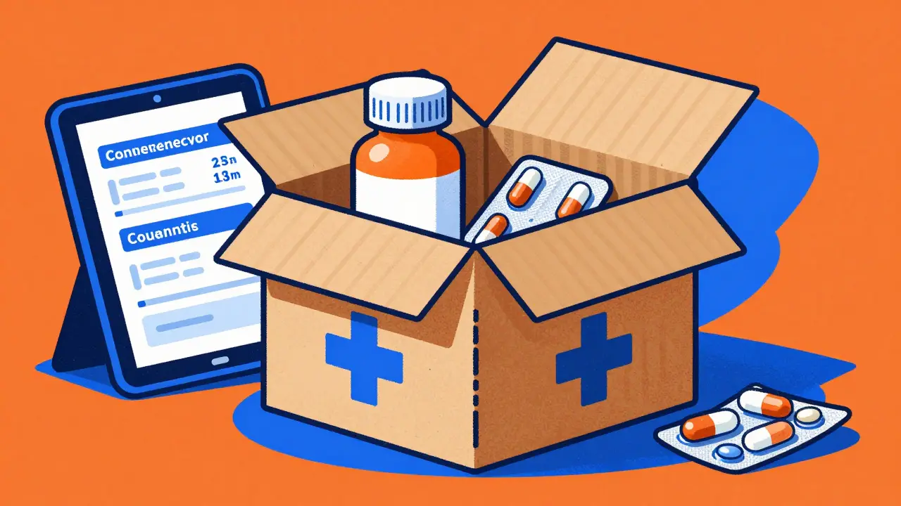 Medical shipping box and digital discount coupon in risograph illustration