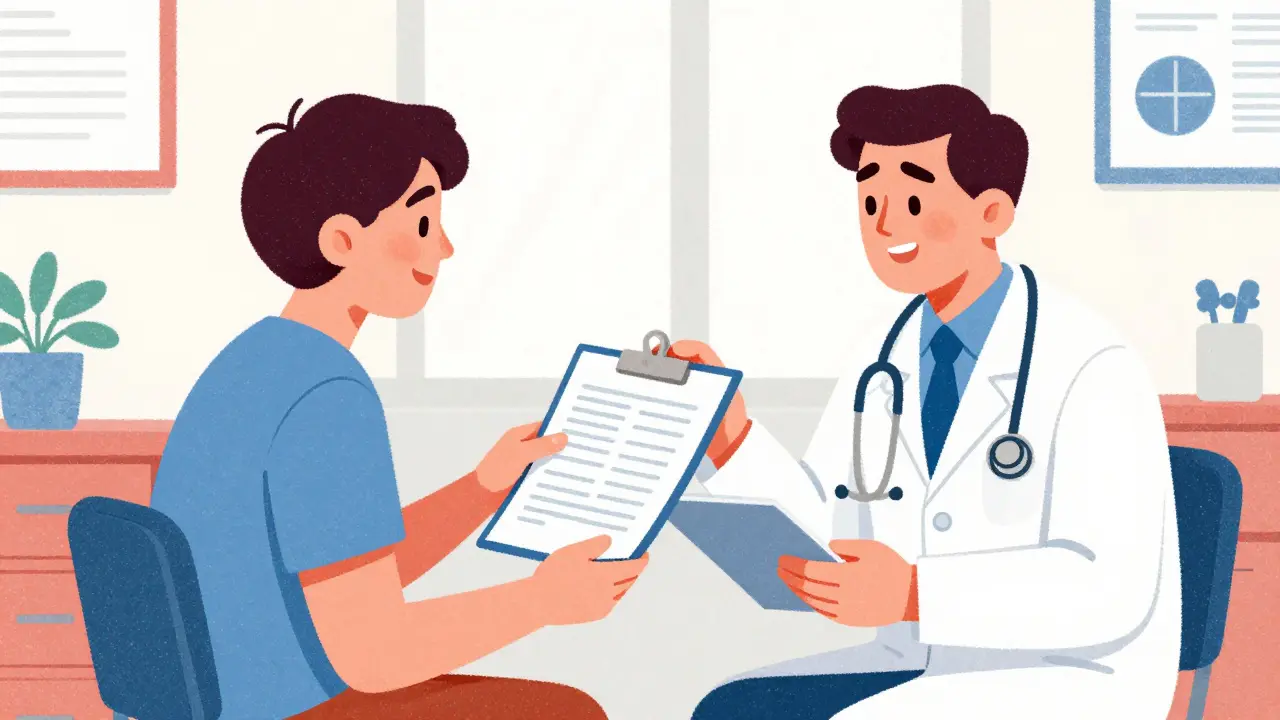 Patient sharing medical documentation with a doctor in a clinic setting.