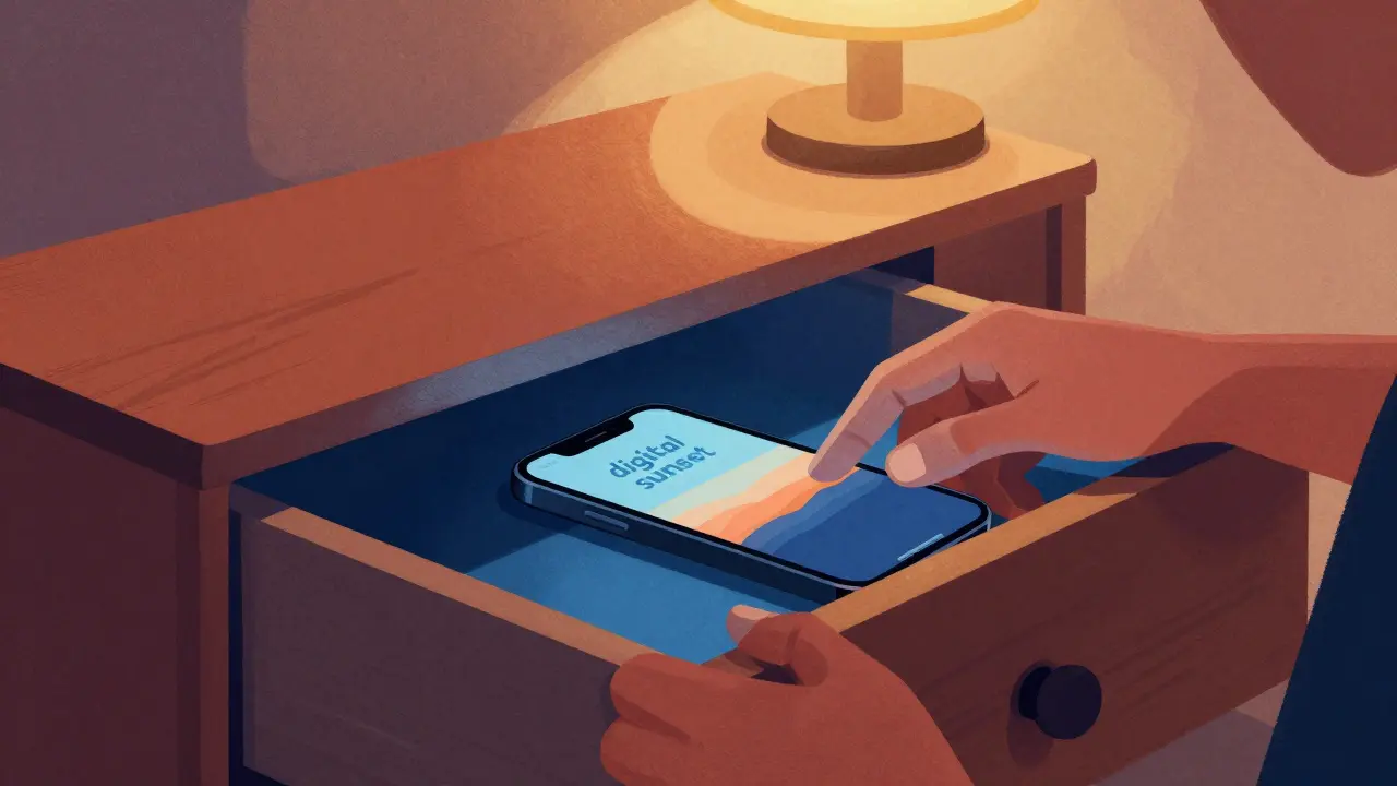 Person putting a phone away to start a digital sunset routine.