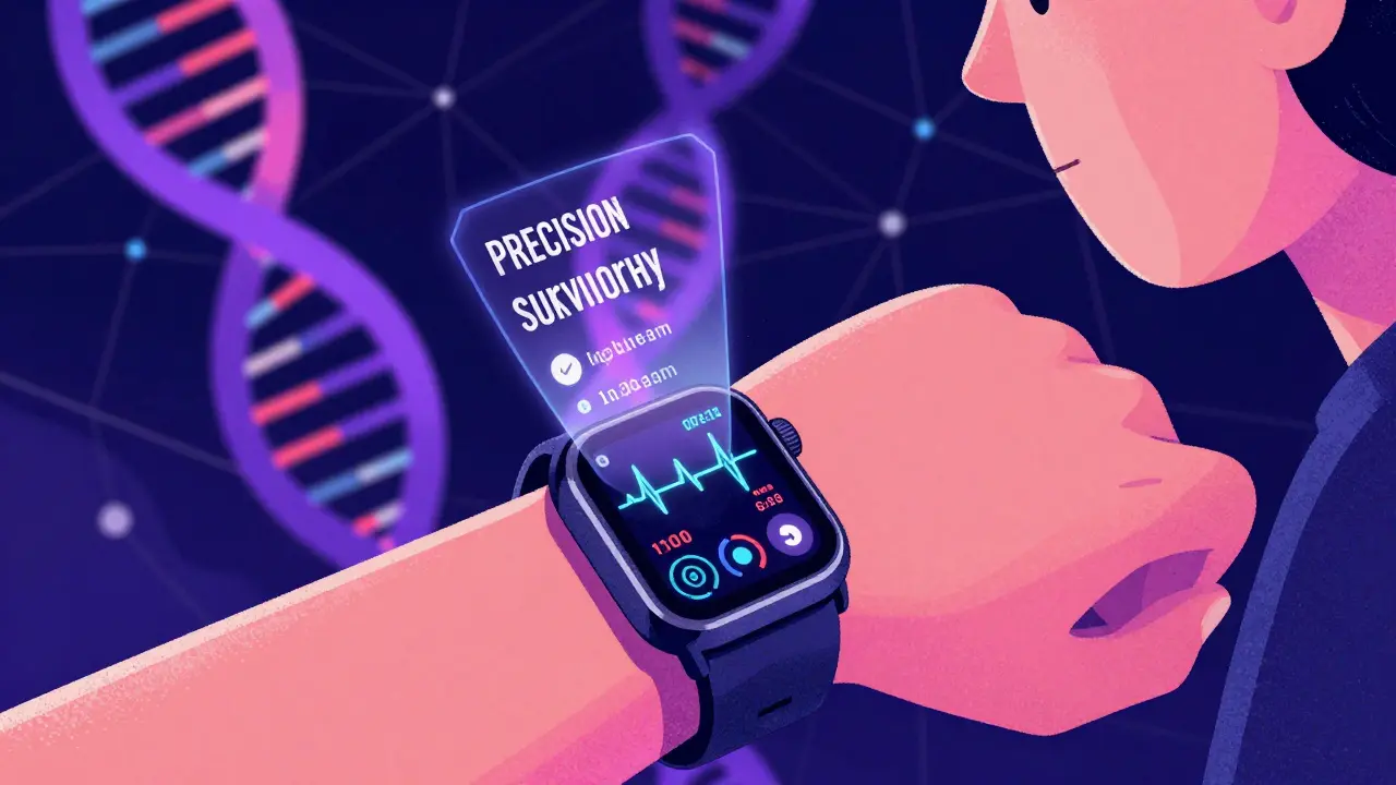 Person with a smartwatch projecting health data and a DNA helix in risograph style.