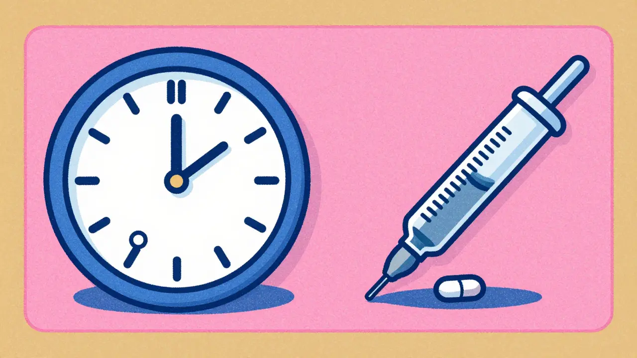 Split screen showing a daily supplement schedule and a hormone replacement injection pen.