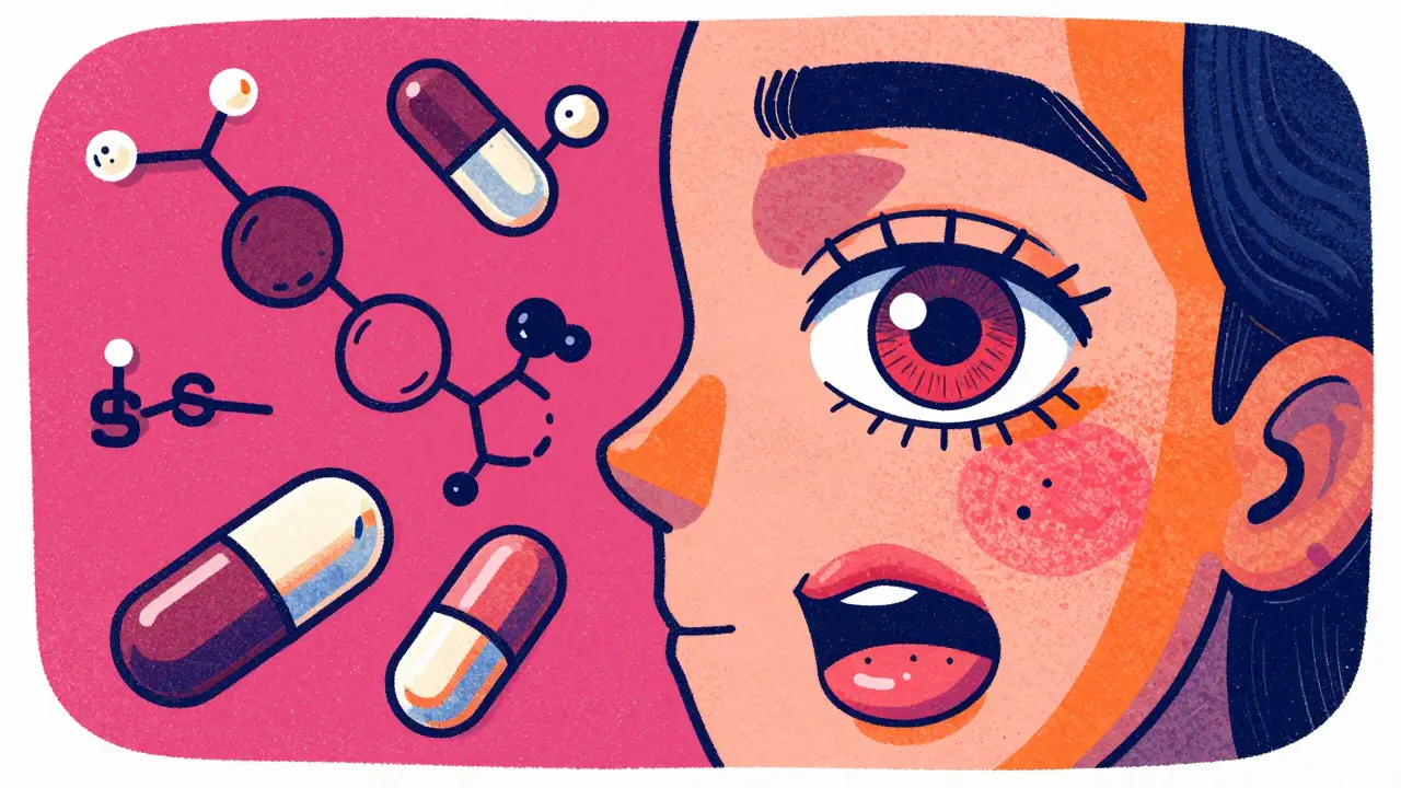 Stylized depiction of affected eyes, mouth, and medication pills.