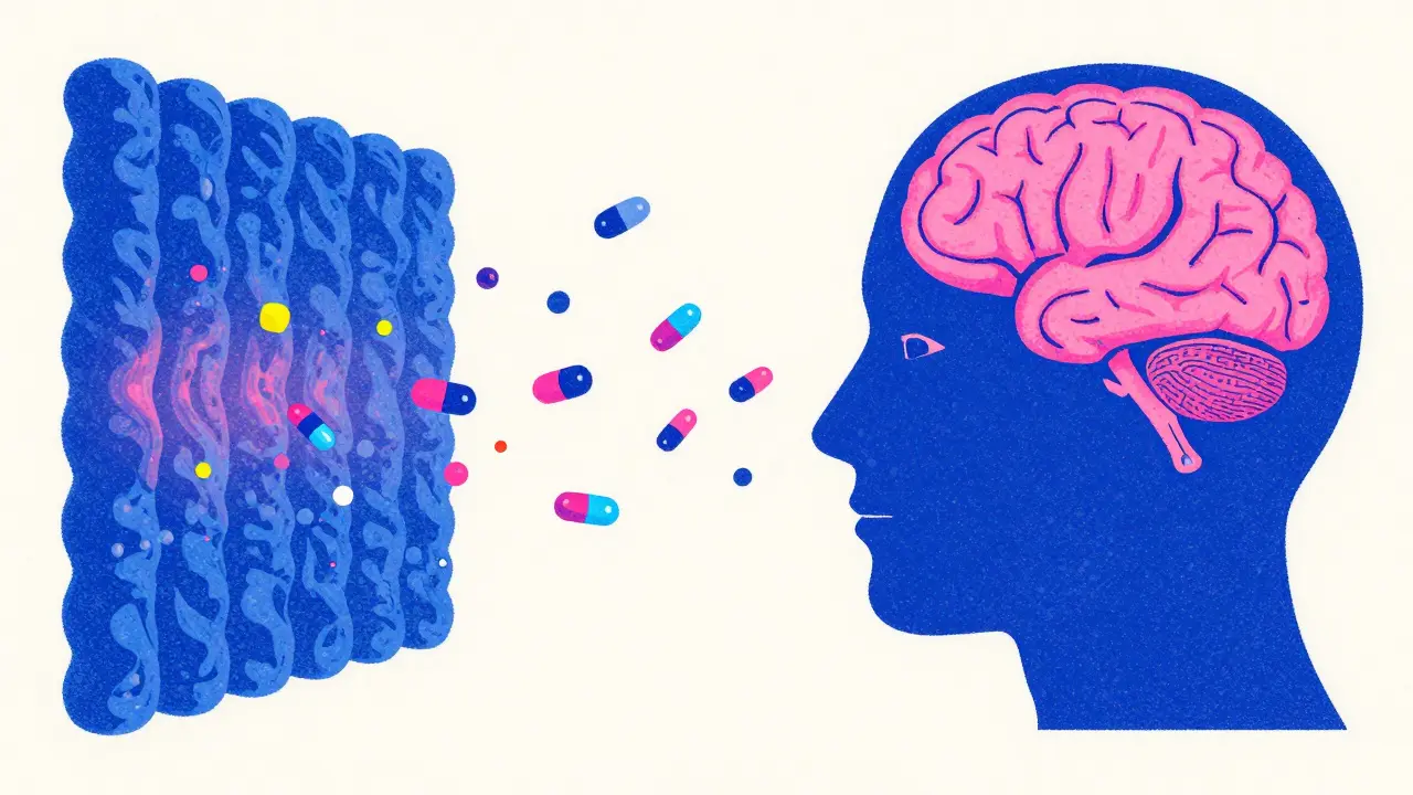 Stylized diagram of medication molecules being blocked by the blood-brain barrier.