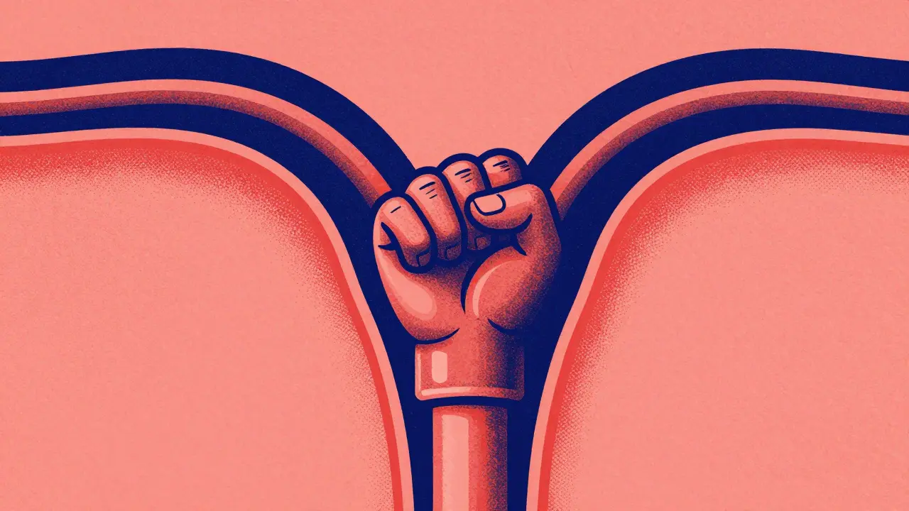 Stylized graphic illustration of a contracting prostate gland in risograph style.