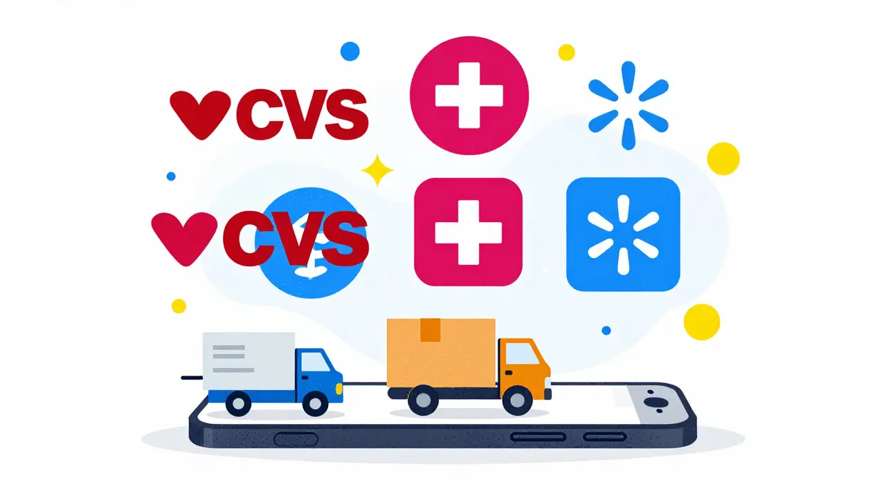 Abstract icons of pharmacies and delivery on smartphone screen