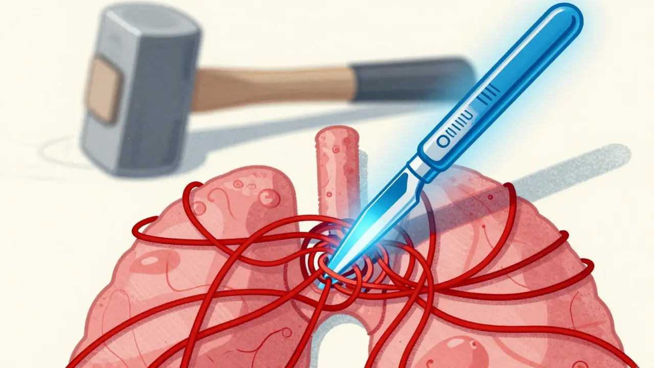 Blue scalpel cutting red inflammation threads, Risograph illustration
