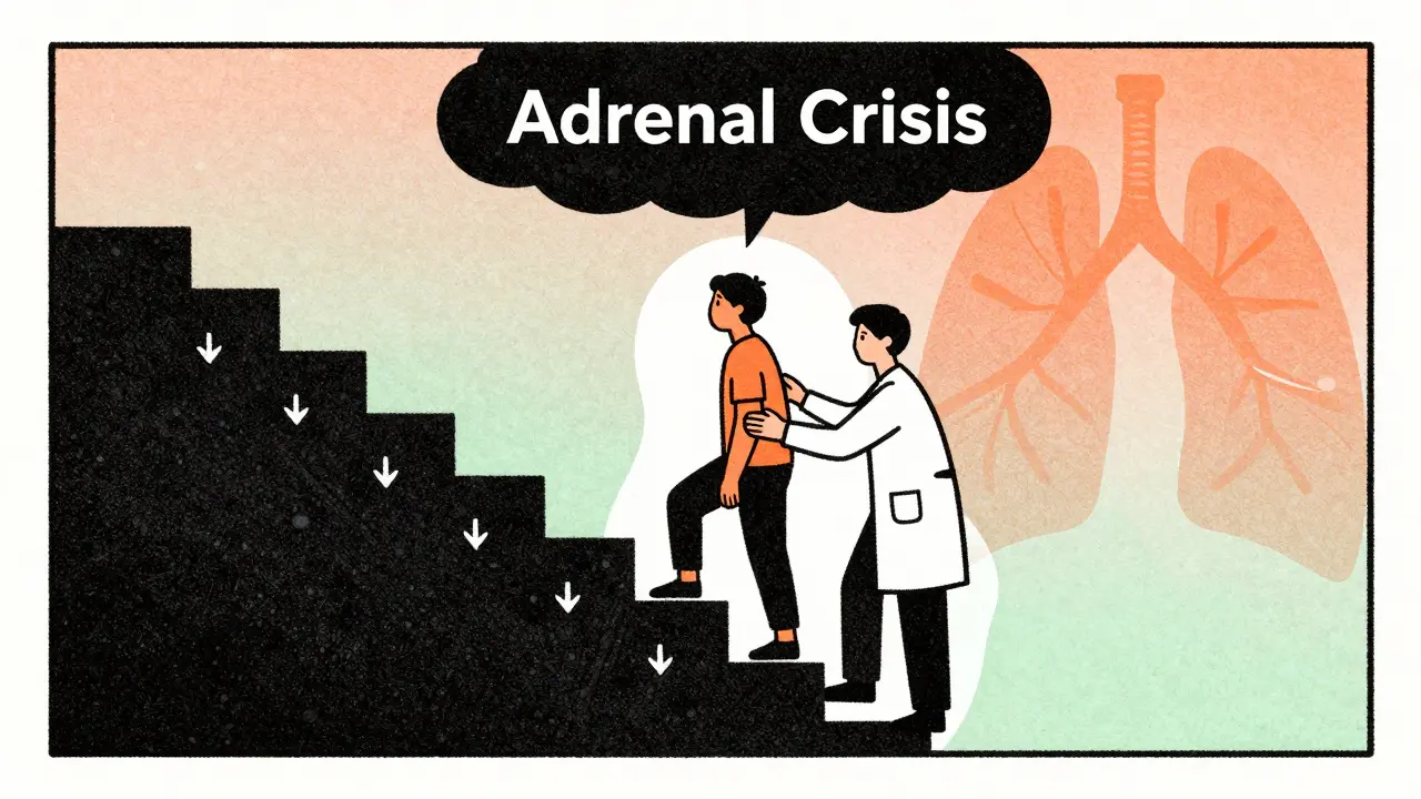 Doctor helping patient descend stairs safely, Risograph aesthetic