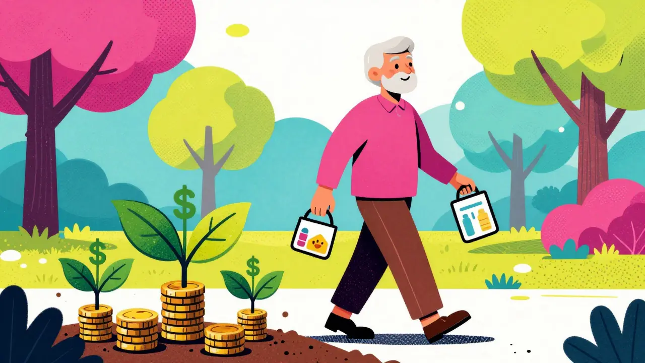 Elderly person walking happily outdoors, symbolizing pain relief and cost savings.