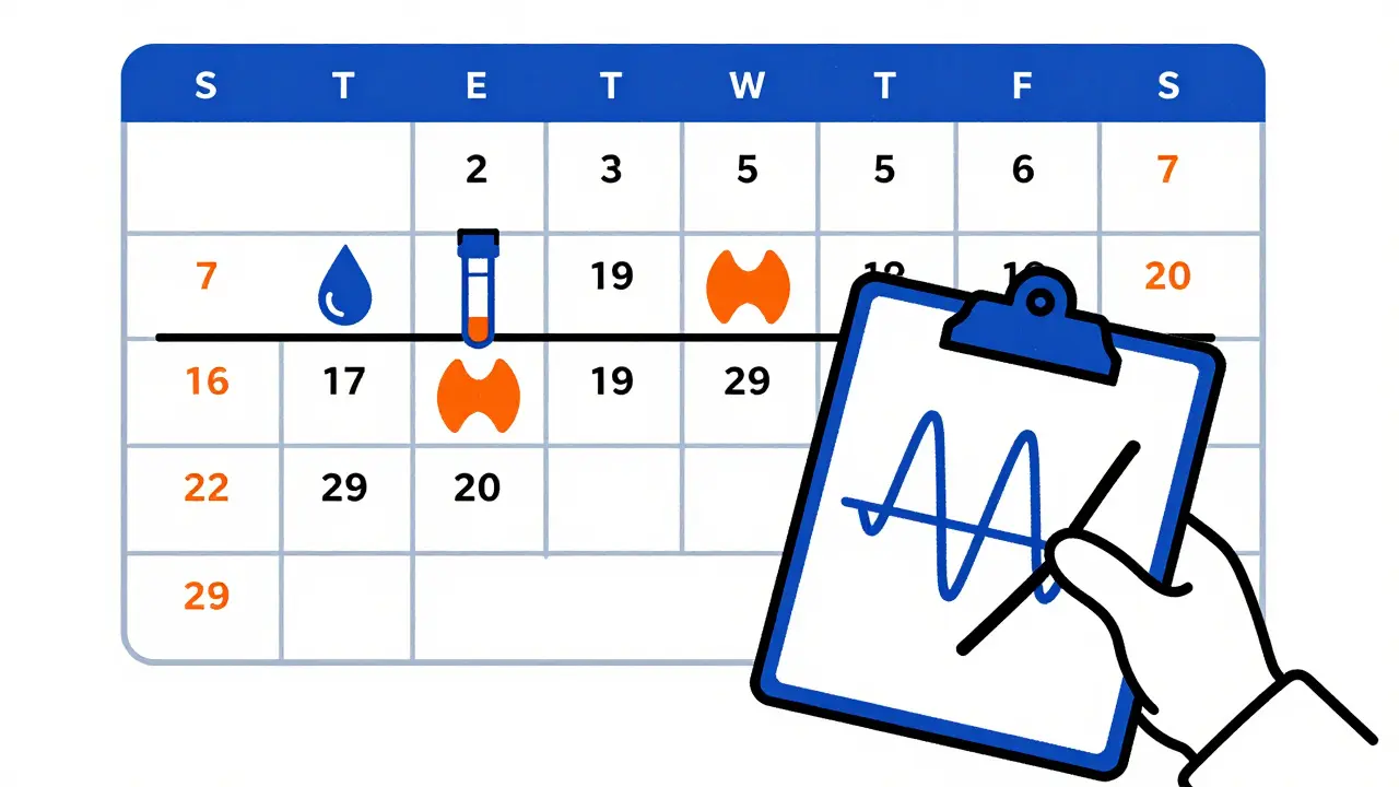 Graphic representation of routine thyroid monitoring schedule with test icons and stable trends.