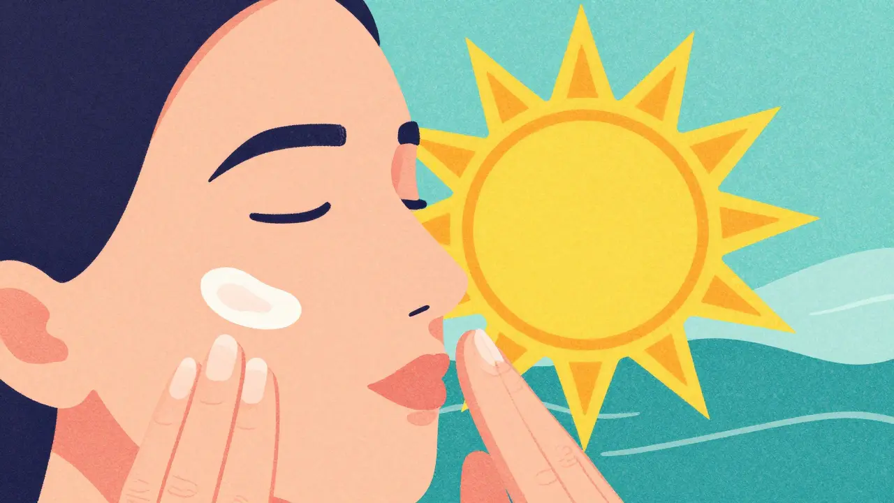 Hand applying cream with a sunscreen shield blocking sun