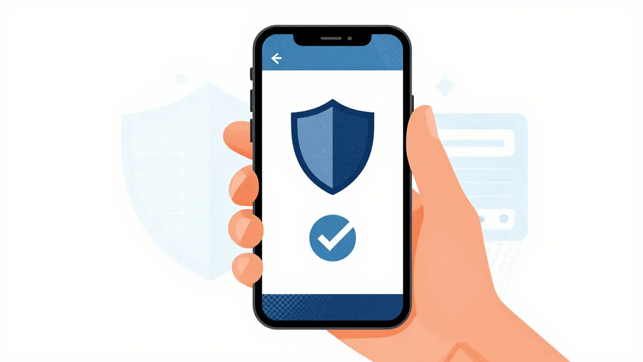 Hand holding phone with safety shield icon for secure online pharmacy purchase.
