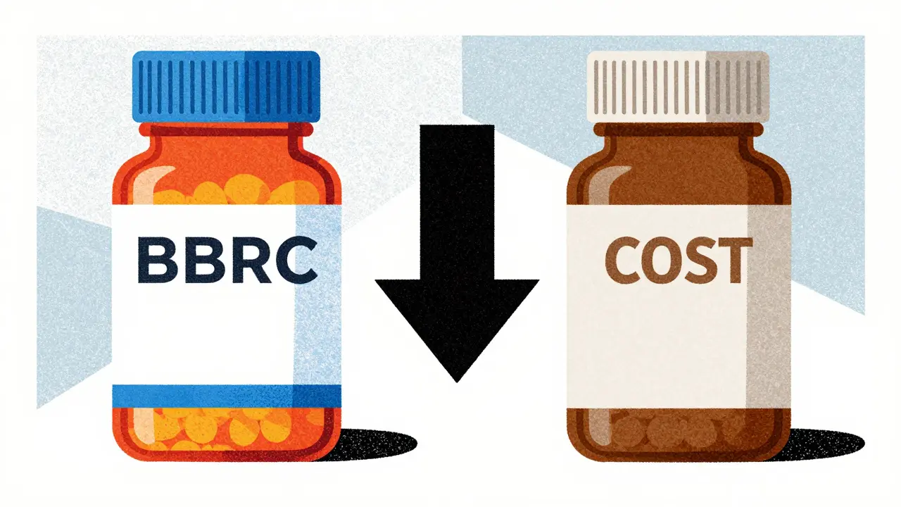 Illustration comparing brand vs generic medicine bottles for savings