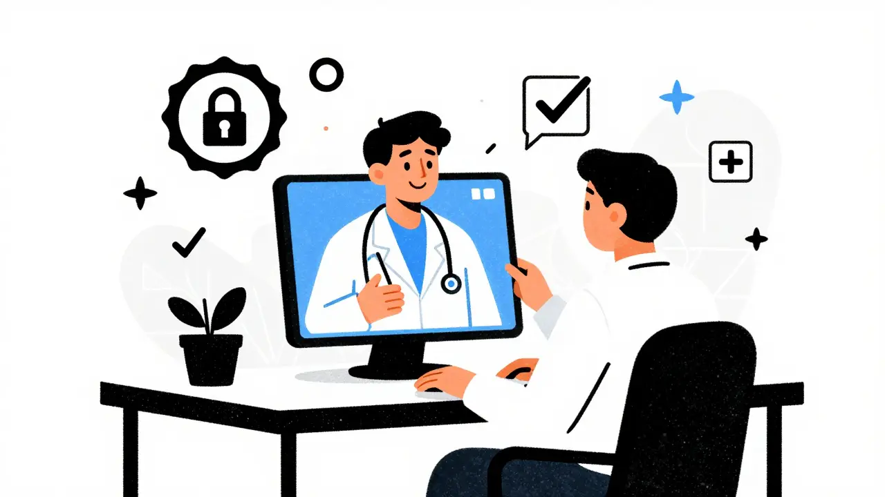Person having a secure video call with a doctor for an online prescription.