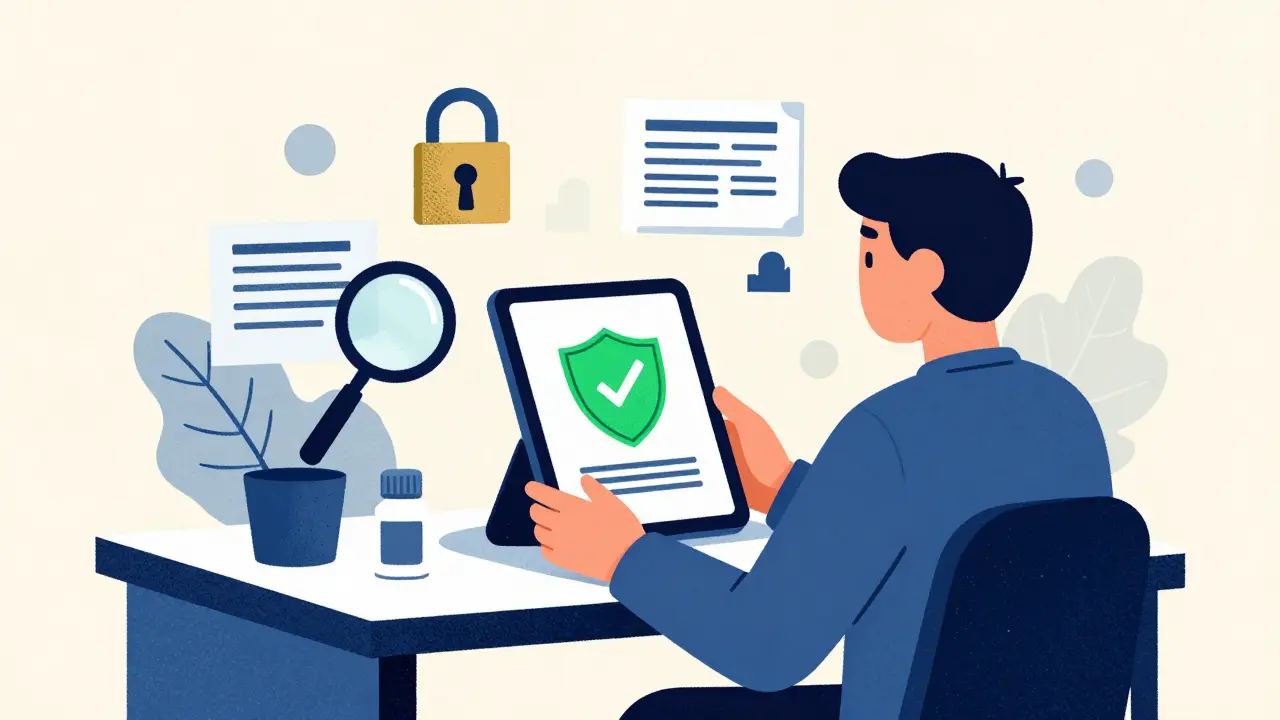 Person verifying safe online pharmacy credentials with digital security icons.