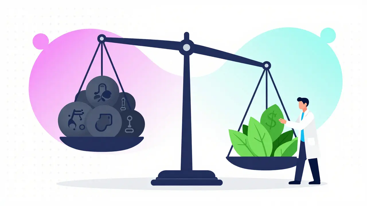 Scale balancing medical errors against safety and cost savings.