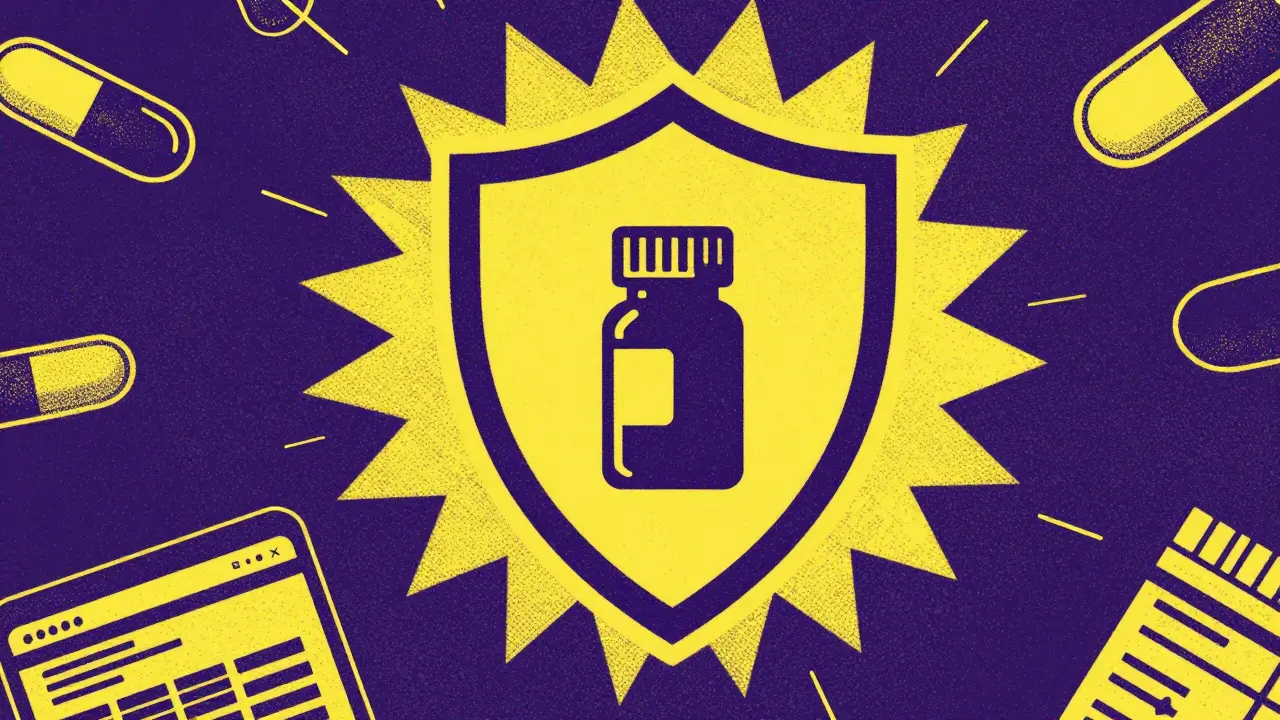 Shield protecting medication from dangerous online scams and fake sites.