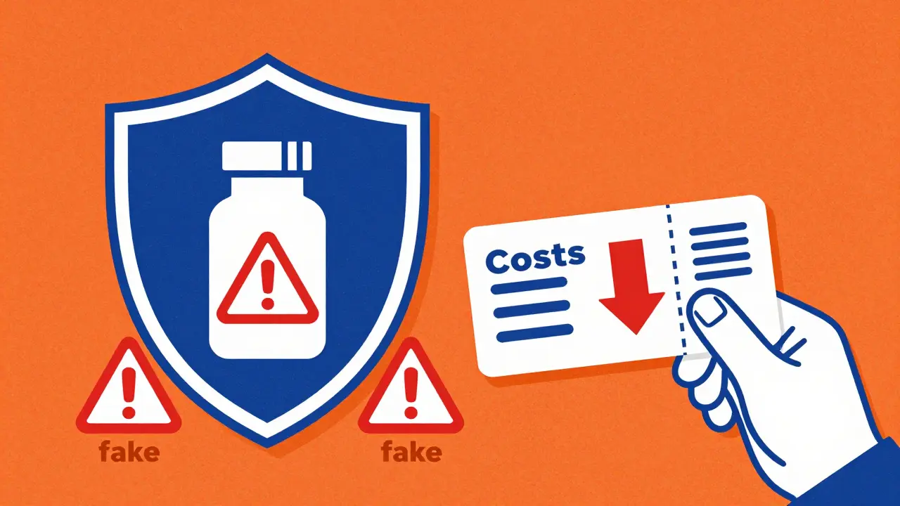 Shield protecting medicine from fake drugs with discount coupon