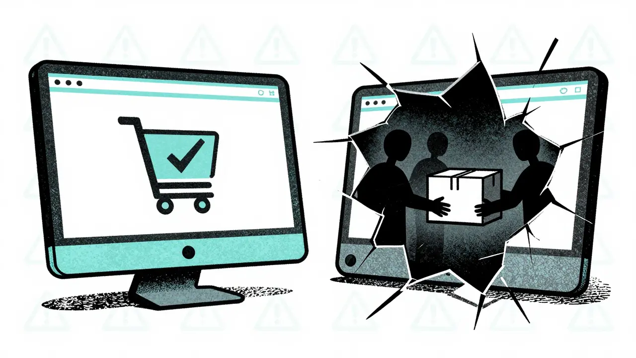 Split scene contrasting safe online shopping with dangerous fake drug deals.