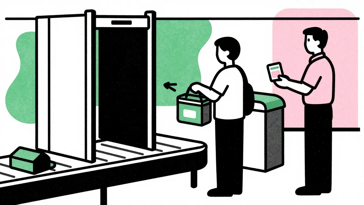 Traveler presenting medical cooling bag at airport security