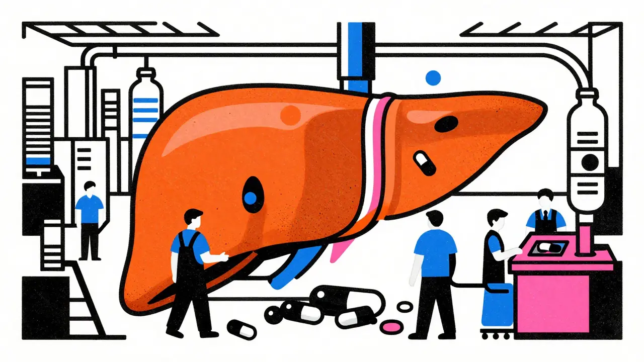 Abstract factory workers blocked by shapes, symbolizing liver enzyme inhibition.