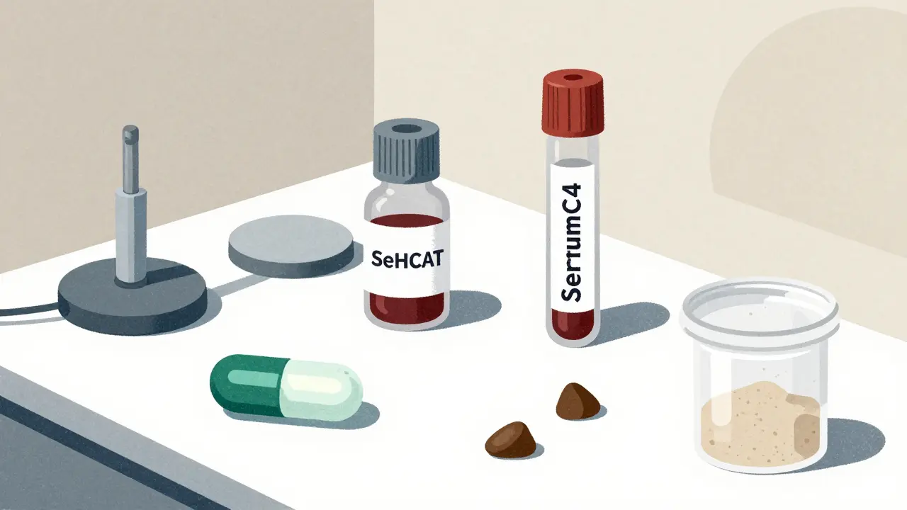 Artistic Riso print of diagnostic tools like capsules and vials on a doctor's desk.