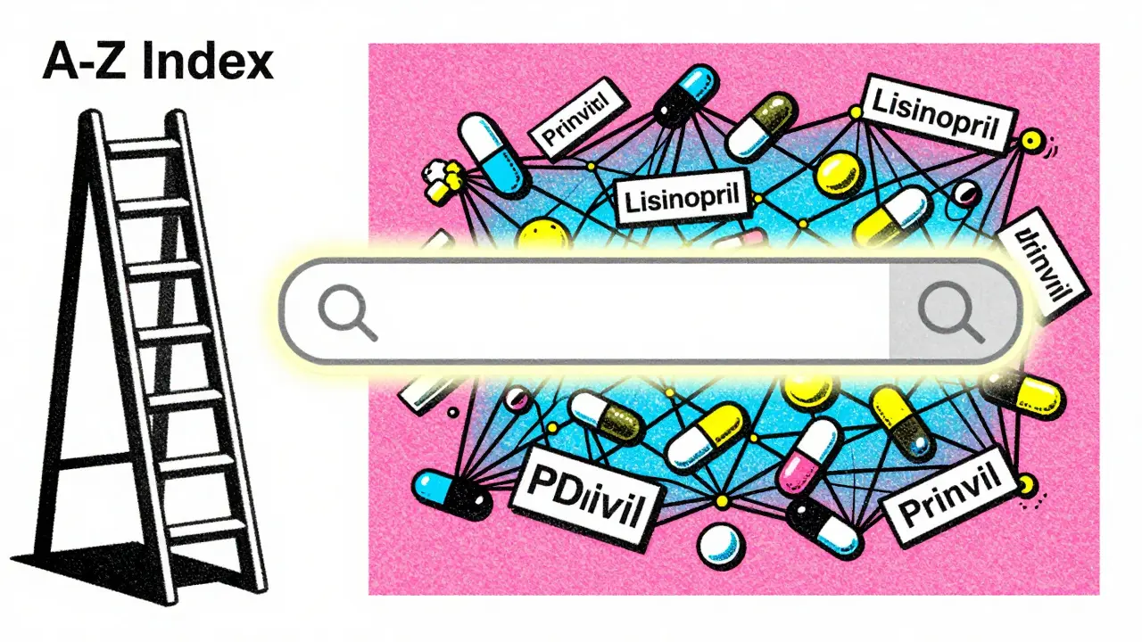 Comparison of A-Z index vs main search for drug info