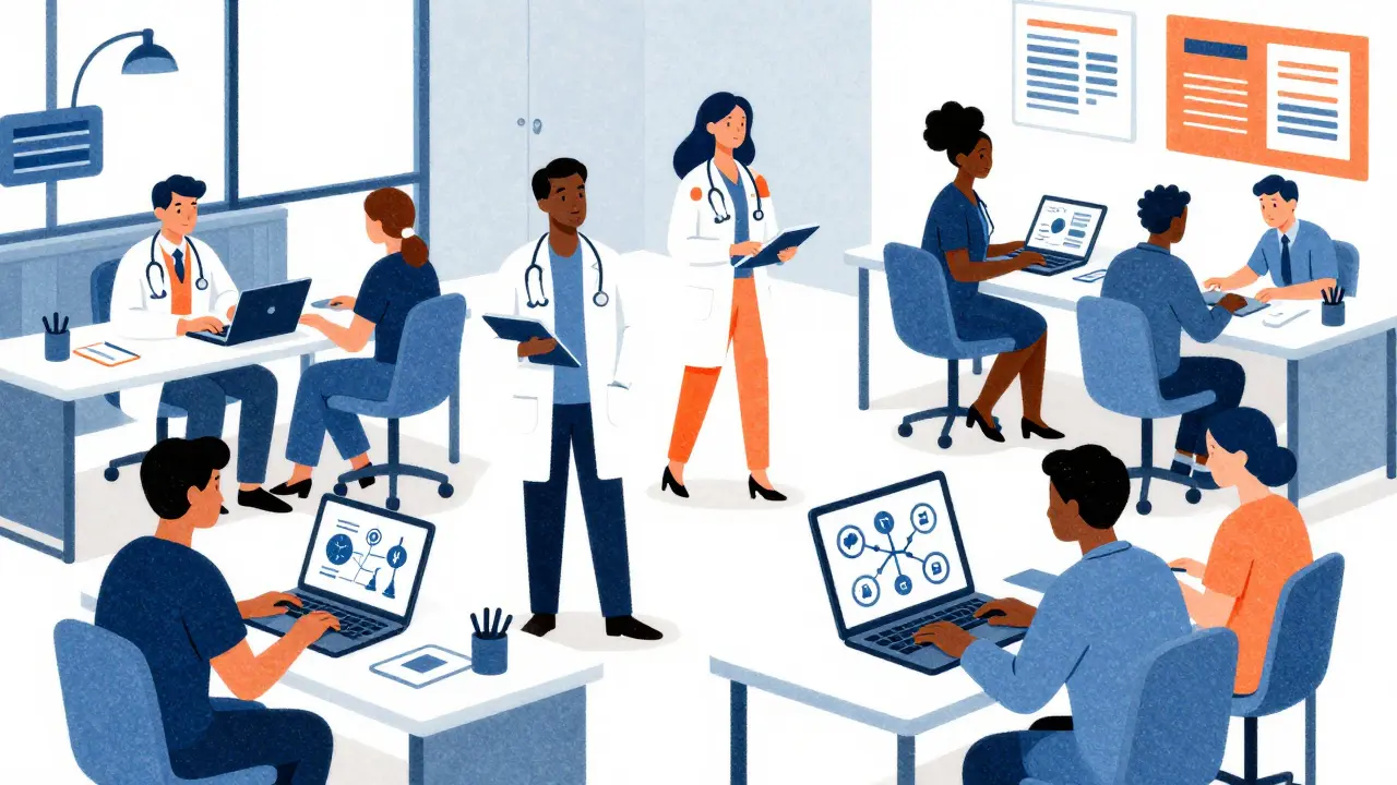 Diverse healthcare team collaborating in a flexible workspace