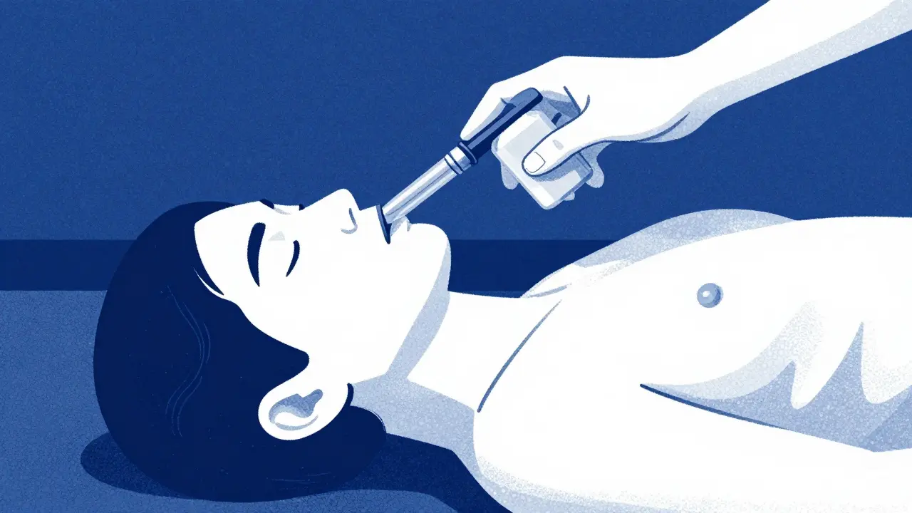 Hand administering nasal spray to unconscious person